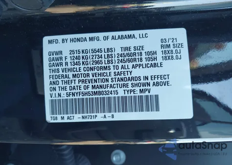 2021 Honda Pilot 2Wd Ex-L from USA, damaged, VIN 5FNYF5H53MB032415